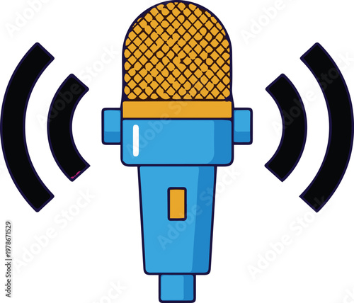 A blue microphone emits sound waves with a yellow mesh and handle
