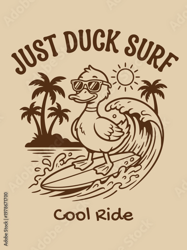 Duck Wearing Sunglasses Riding Surfboard.