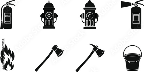 Fire safety equipment collection a black and white icon set depicting essential tools for fire prevention and emergency response