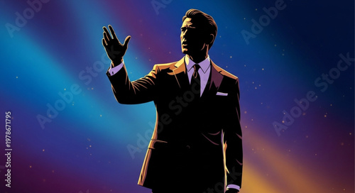 Male Singer Silhouette In Suit Performing Solo On Stage.