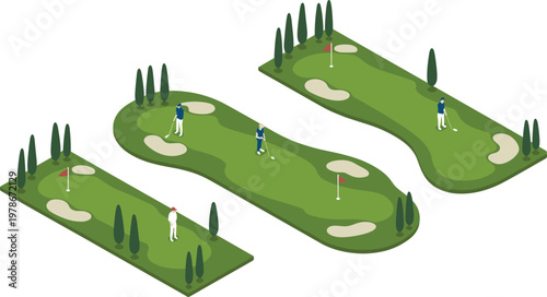 Isometric golf course layout with players and green fairway vector illustration for sports design