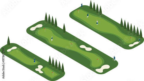Isometric golf course holes with players green landscape vector illustration for sports and leisure design
