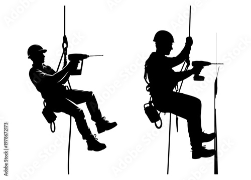 Silhouette of worker cleaning window using rope access technique, professional vector illustration isolated on white background. industrial maintenance and safety concept in minimal flat design