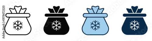 Cooling ice bag with snowflake symbol icon set, cold therapy and cryotherapy equipment symbols for pain relief, injury treatment and temperature control, healthcare and medical recovery vector 