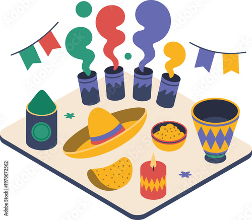Isometric illustration of Mexican celebration items with fireworks sombrero and decorations for festive design