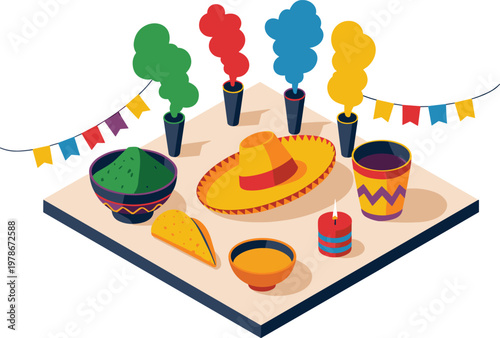 Isometric illustration of Mexican fiesta food and decorations with sombrero for festive design use