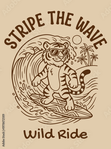 Tiger wearing sunglasses on surfboard riding wave.