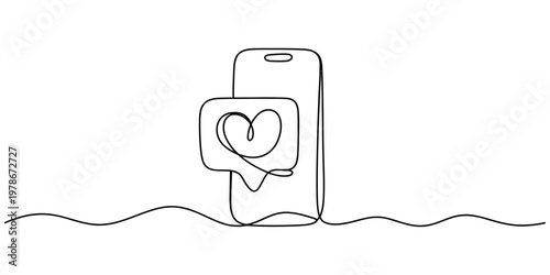 Continuous line drawing, social media icons, heart symbol, mobile phone