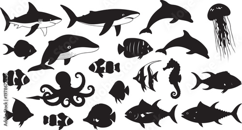 Collection of ocean marine life silhouettes on white background
