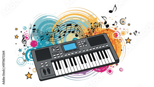 Digital electronic keyboard piano surrounded by colorful abstract circles and flying musical notes on a white background.