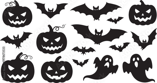 Halloween icons including bats, pumpkins, and ghost silhouettes on white