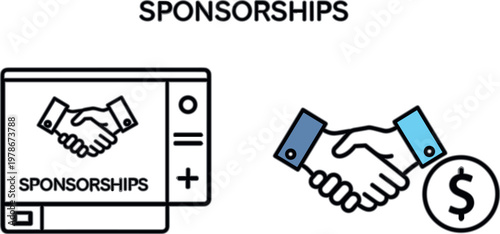 Sponsorship agreement concept with handshake and payment symbol, business partnership deal illustration, corporate funding support and collaboration vector design