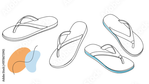 Set of four flip flop sandals in outline style with abstract colorful shapes on a clean white background for summer themes.