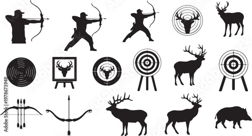 Archery and hunting icons set with silhouettes and targets