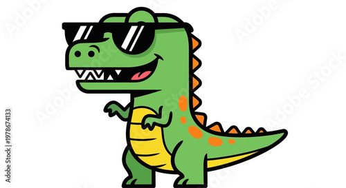 A cartoon dinosaur wearing sunglasses and smiling.