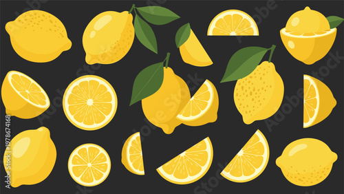 Comprehensive collection of yellow lemon illustrations including whole fruit halves slices and wedges on a dark background.