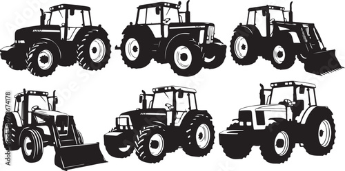 Tractors in various positions and angles on white background