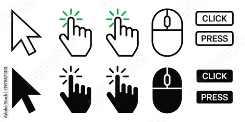 Cursor mouse click press button icons set, hand pointer symbols for web interaction and navigation, vector illustration for website design, mobile applications, click actions and user experience 