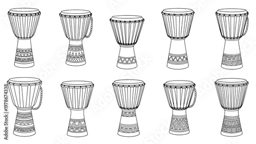 Set of ten djembe drum illustrations in black and white line art featuring various geometric patterns on the bases.
