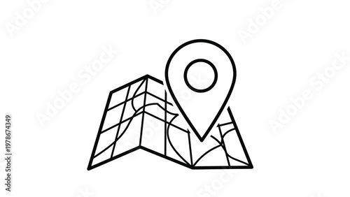 Minimalist black and white line drawing of a folded navigation map with a location pin icon placed on top.