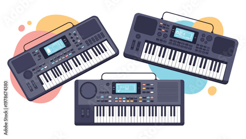 Three electronic musical keyboards in different styles and orientations with abstract colorful shapes in the background.