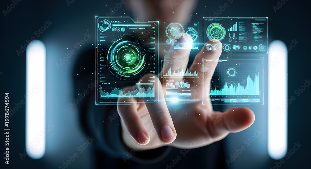 Fototapeta premium Futuristic Human Hand Interacting with 3D Holographic Data Interface Generative AI