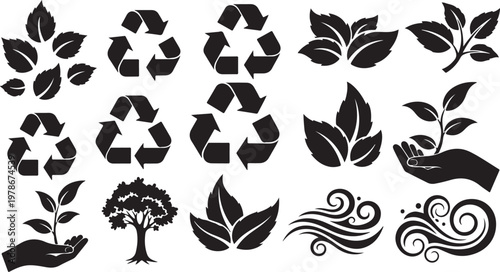Eco friendly symbols and icons for recycling and nature conservation