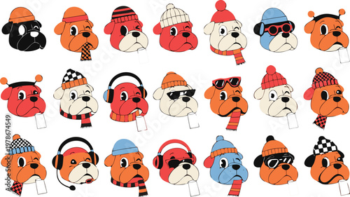 Cute flat design boxer dog icon set head playing jumping towel rope toy paw vector art friendly expressions smiling closeup
 Artwork