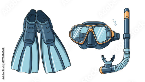 Full set of snorkeling equipment including blue flippers a diving mask with orange frame and a snorkel with bubbles.