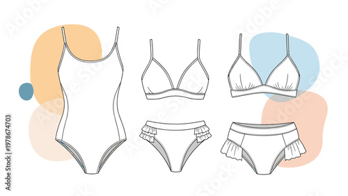 Collection of women's swimwear line drawings including a one piece suit and two bikini sets with abstract color accents.