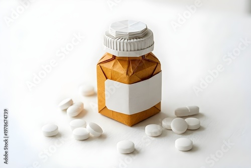 Pills and Bottle: An intricately crafted origami bottle containing pills, symbolizing health, medication, and treatment in a minimalist, aesthetically pleasing composition.