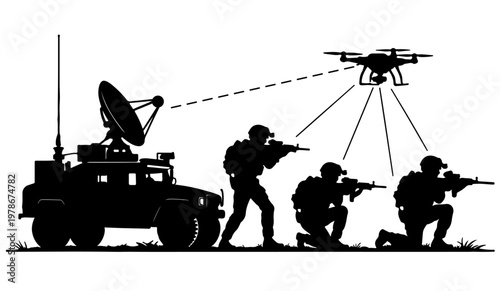Military soldiers with drone surveillance silhouette vector illustration, modern warfare and defense concept isolated design