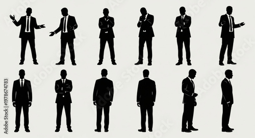 Group of Male Business Suit Silhouettes in Various Poses.