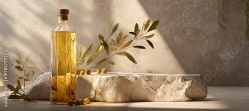 Clear glass olive oil bottle with olive branch on pale stone