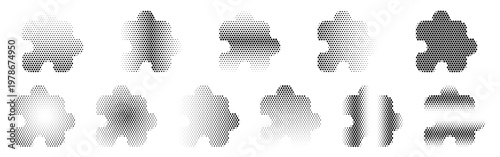 Extension Puzzle Halftone Icon Collection – Extension Puzzle Dotted Circles Halftones Geometric Dots Gradient – Dot Spray Gradient Vector Set for Modern Graphic Design