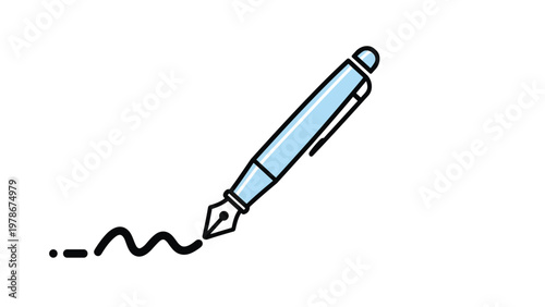 Classic fountain pen writes a wavy line on a white surface symbolizing signature writing legal documents and creative authorship.
