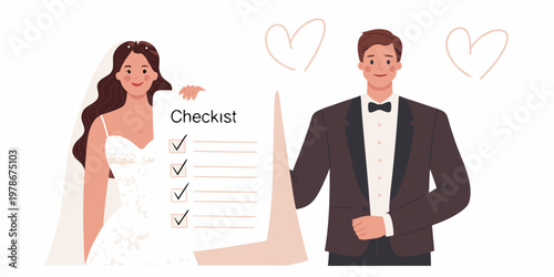 Newlyweds with a wedding checklist preparing for their special day