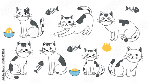 Cute kittens in various poses with fish bones and food bowls create a playful pet theme for animal lovers and veterinary clinics.