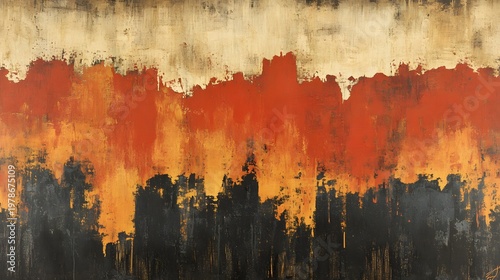Abstract painting features textured horizontal layers of black, vibrant orange, and muted gold tones.