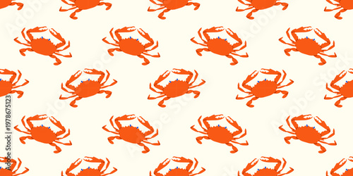Crab animal seamless pattern. Summer background design. Vacation sea food travel concept. Fishing activity flat cartoon backdrop illustration.