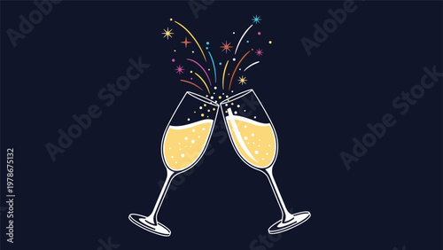 Celebration illustration of two champagne glasses clinking with colorful fireworks and stars on a dark background for New Year.