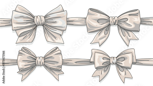 Set of elegant cream colored silk ribbon bows on white background with horizontal bands for wedding or gift wrap decorations.