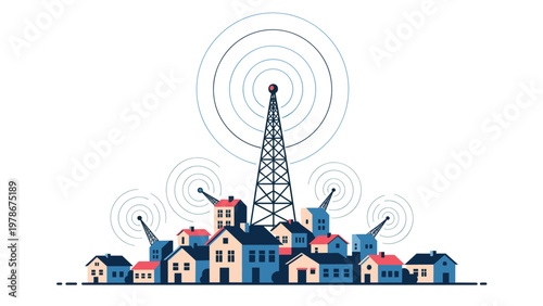 Communication network concept showing a small town with several radio towers emitting signal waves for wireless connectivity.