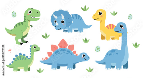 Flat style vector illustration of cute cartoon dinosaurs set featuring colorful t rex, triceratops and brachiosaurus with playful expressions, perfect for kids design and nursery themes