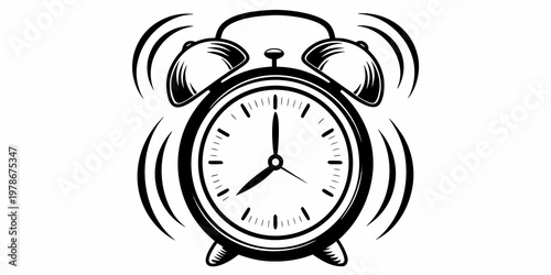 A vintage alarm clock ringing loudly depicted in a black and white style