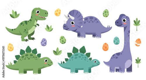 Flat style vector illustration of cute cartoon dinosaurs set featuring colorful t rex, triceratops and brachiosaurus with playful expressions, perfect for kids design and nursery themes