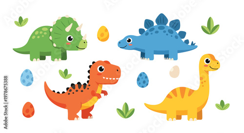 Flat style vector illustration of cute cartoon dinosaurs set featuring colorful t rex, triceratops and brachiosaurus with playful expressions, perfect for kids design and nursery themes
