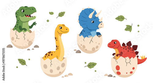 Flat style vector illustration of baby dinosaurs hatching from eggs with adorable expressions and pastel colors, ideal for nursery decor, children products and playful design themes