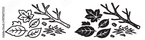 organic garden waste icon, leaves branches and compost recycling vector symbol, natural biodegradable disposal and eco sorting line illustration on transparent background