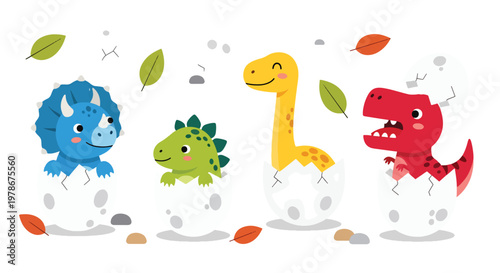 Flat style vector illustration of baby dinosaurs hatching from eggs with adorable expressions and pastel colors, ideal for nursery decor, children products and playful design themes